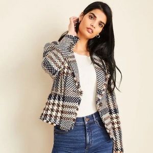 Ann Taylor Plaid Shawl Collar Tweed Fringe Blazer Jacket Sz 0
